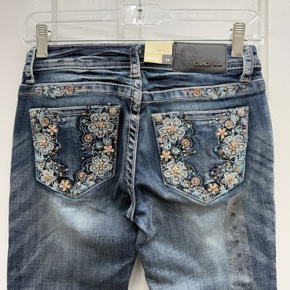NWT Grace in LA Boot Cut Jeans Embellished Rhinestone Floral Womens 25 tall long - Picture 4 of 8